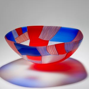 glass art bowl sculpture in red blue and white