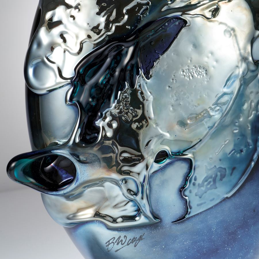 handblown contemporary glass art sculpture urban metallic blue