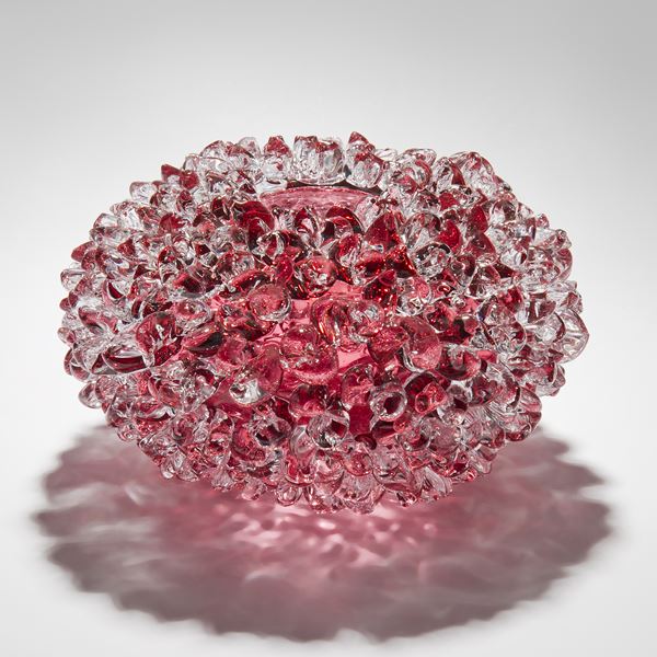 handblown glass ornamental art sculpture in pink of crystal flower form