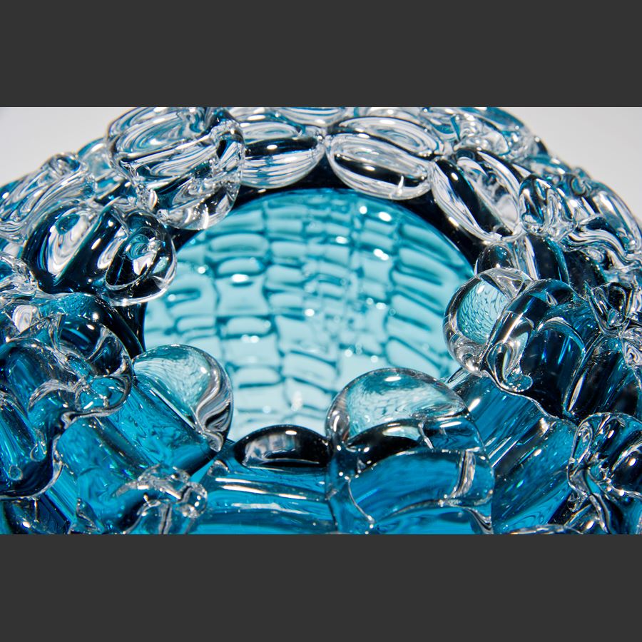 aqua blue handblown and sculpted spherical glass centrepiece made from small rectangular shards