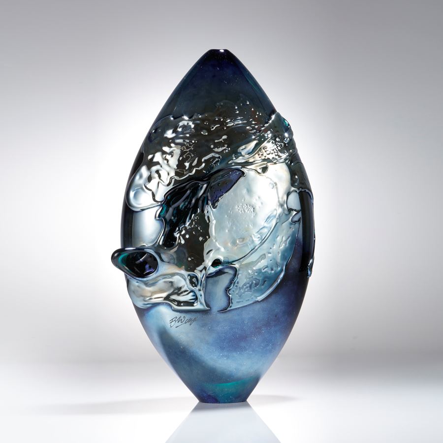 handblown contemporary glass art sculpture urban metallic blue