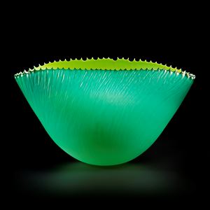 lime green glass bowl sculpture with jagged edge