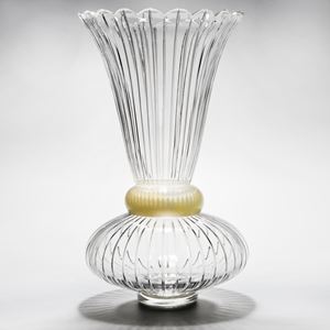 decorative clear glass vase sculpture with wide base and gold trim