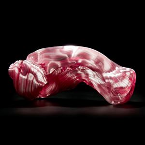 stretched and bent glass formation of abstract sculpture in pink