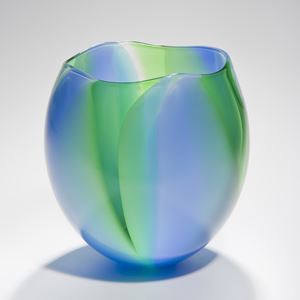 medium height sculpted glass bowl or vase in blue and green