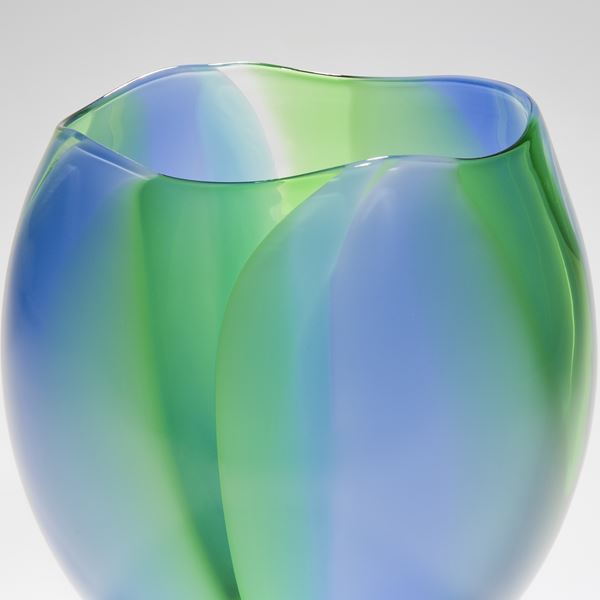 medium height sculpted glass bowl or vase in blue and green