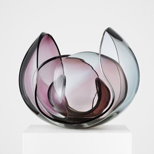 retro futuristic light pink and blue abstract art glass bowl sculpture