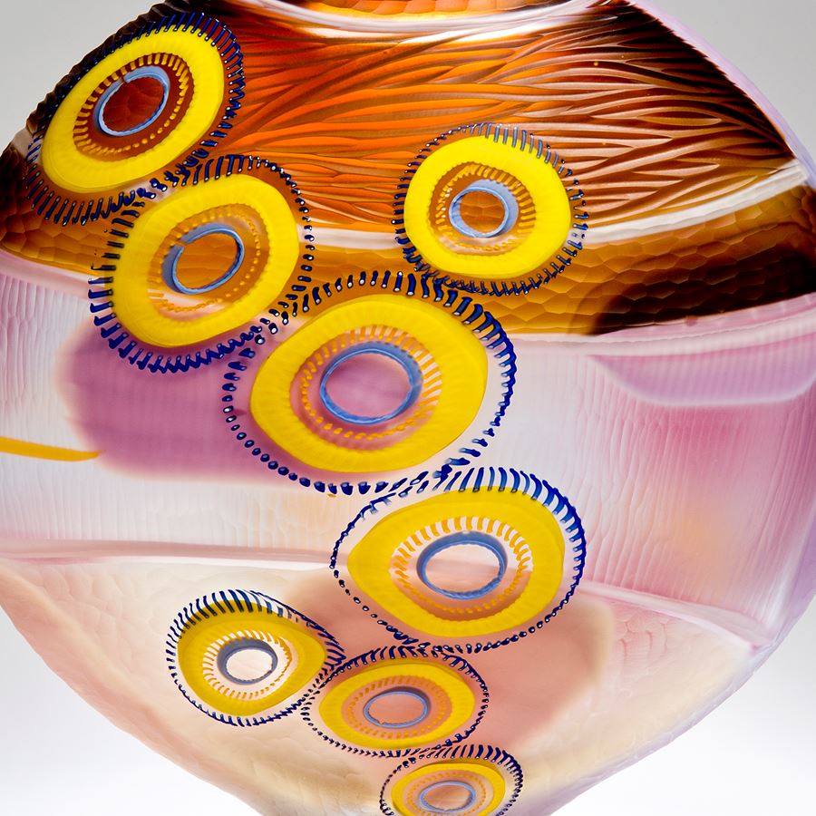 short colourful art glass vase sculpture with elliptical shapes