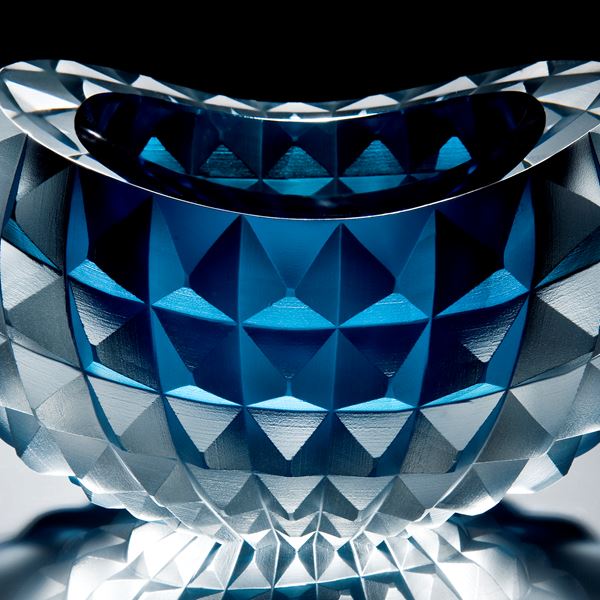 art glass bowl with pyramid stud shaped exterior in aqua and white