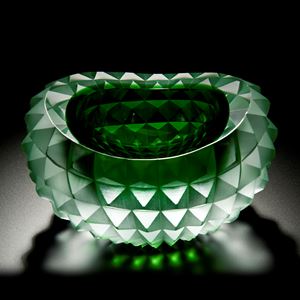art glass bowl with pyramid stud shaped exterior in green and white