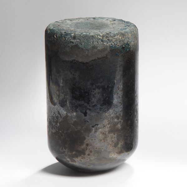 experimental black gunmetal and grey glass sculpture in solid jar shape