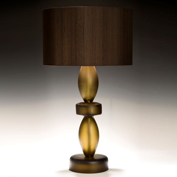 table lamp made from grey steel base and cut glass lampshade