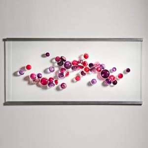 minimalist glass art wall hanging artwork with white background and berry coloured round glass pieces