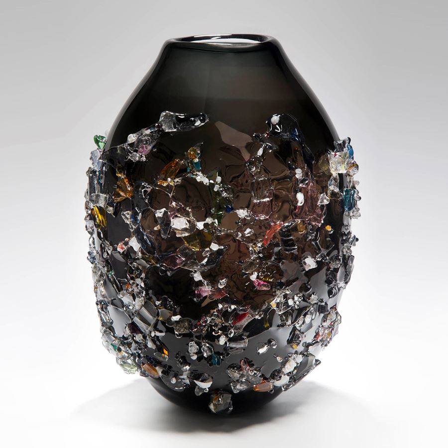 large black sculpted art glass vase with external crystal adornments
