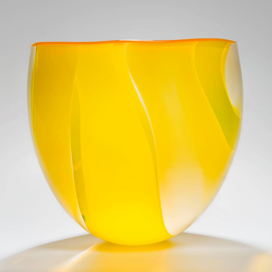 sculpted art glass short vase in bright yellow