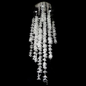 clear glass chandelier with long strands of flower shaped glass pieces hanging