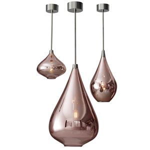 three hung sculpted glass lights in different peardrop shapes in rose gold