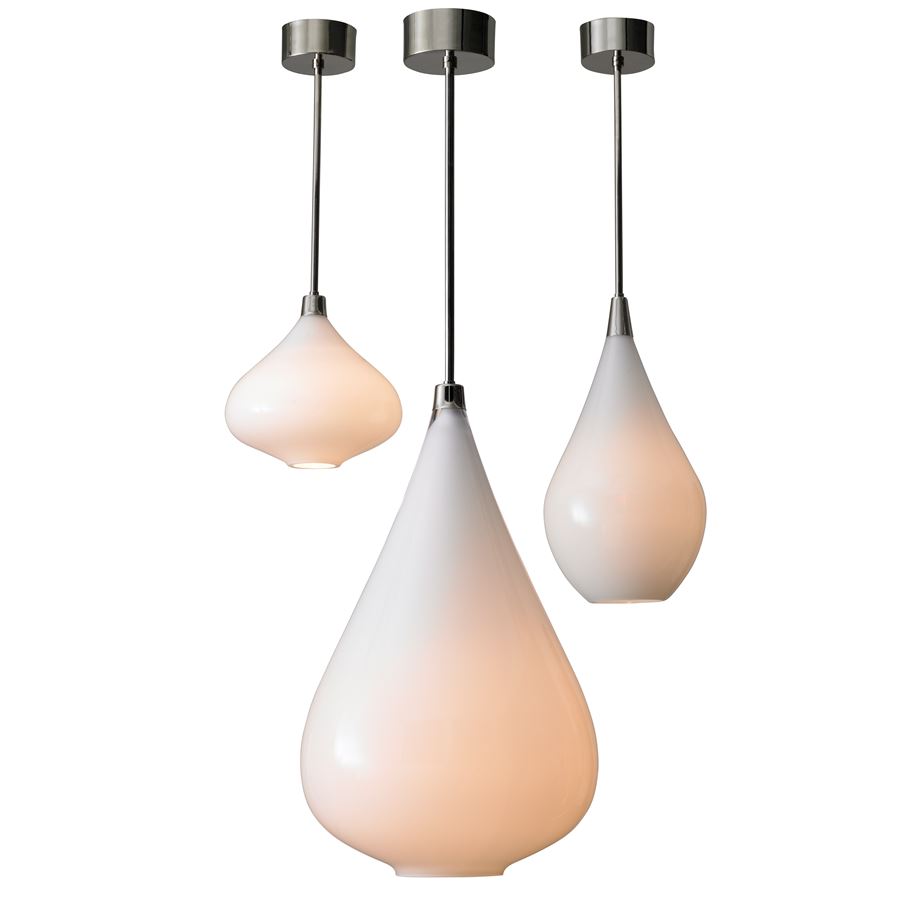 three white sculpted glass hanging lights in different peardrop shapes