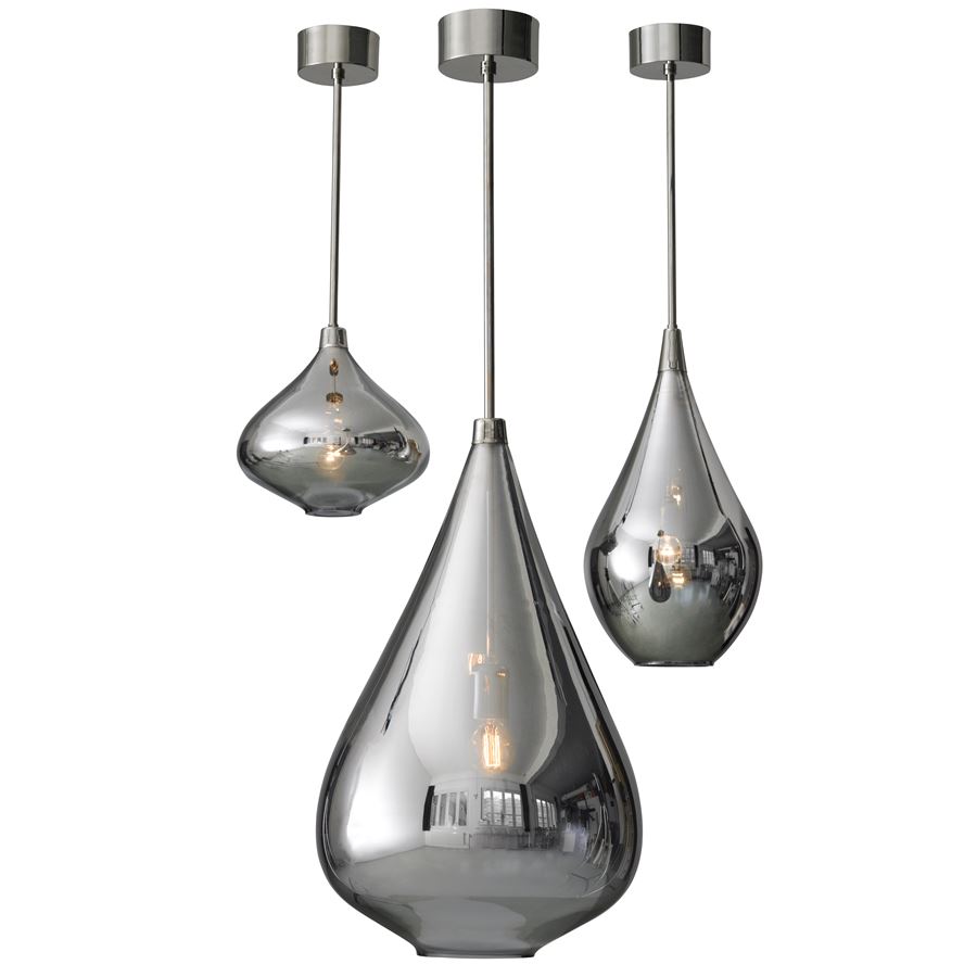 three platinum glass pendant lights hung from nickel plated poles