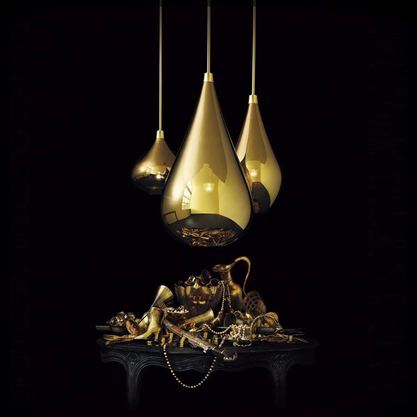 three gold lustred glass pendant light fittings in small medium and large