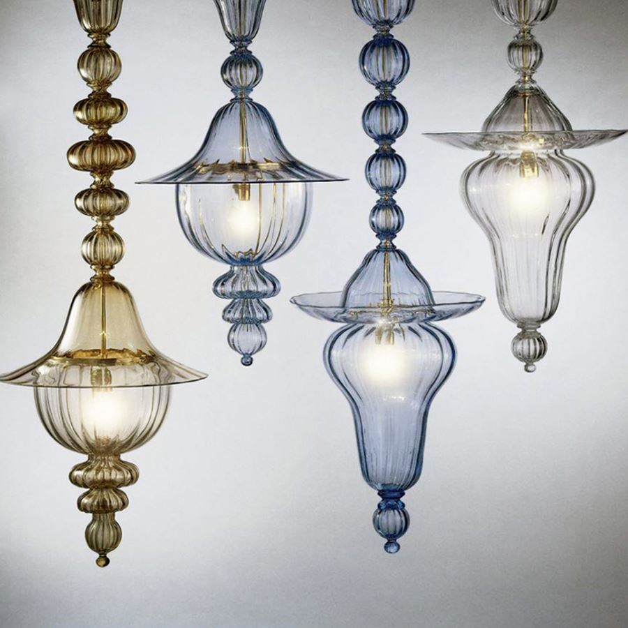 four mouth blown art glass chandeliers with gold plated metal chains