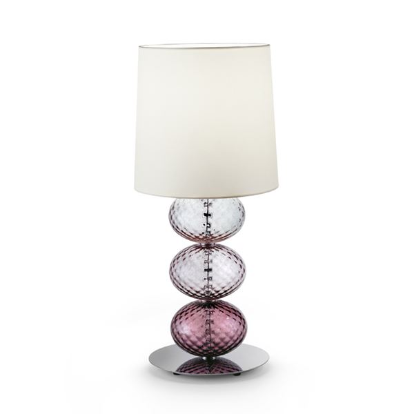 hand blown glass table lamp made from three stacked spheres in pink and white