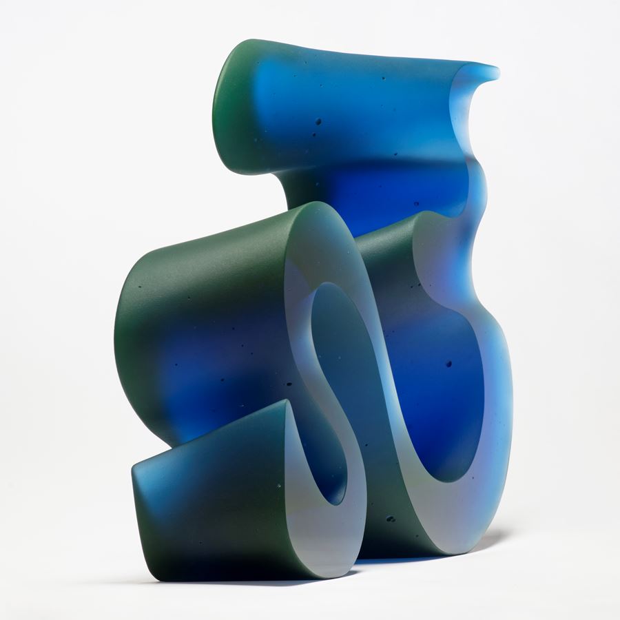 abstract geometrical contemporary sculpture in blue cast glass 