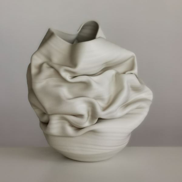 crumpled white clay stoneware vase sculpture