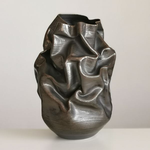 black crumpled ceramic stoneware vase art 