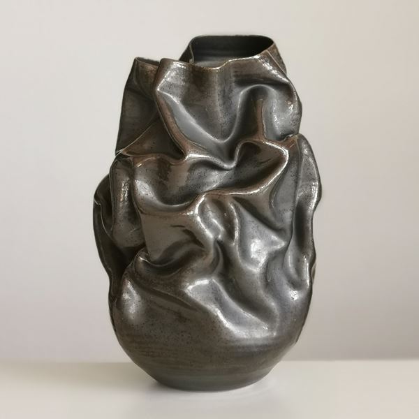 black crumpled ceramic stoneware vase art 