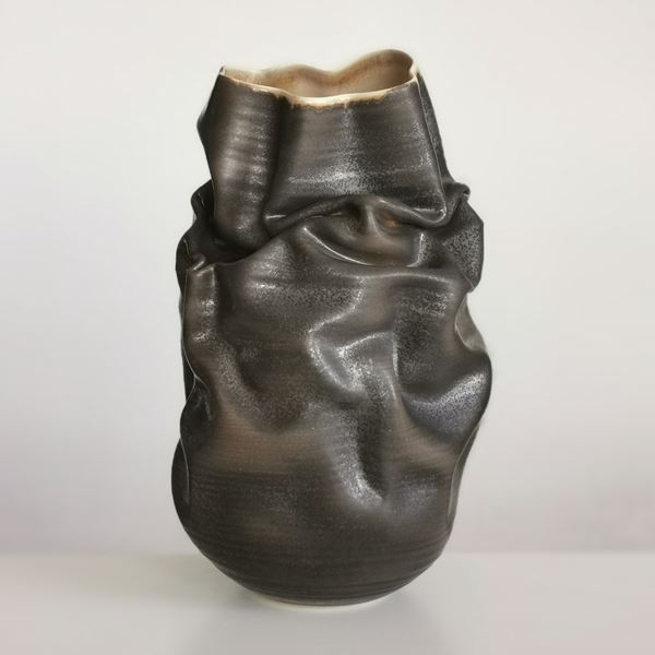 crumpled black stoneware clay vase art