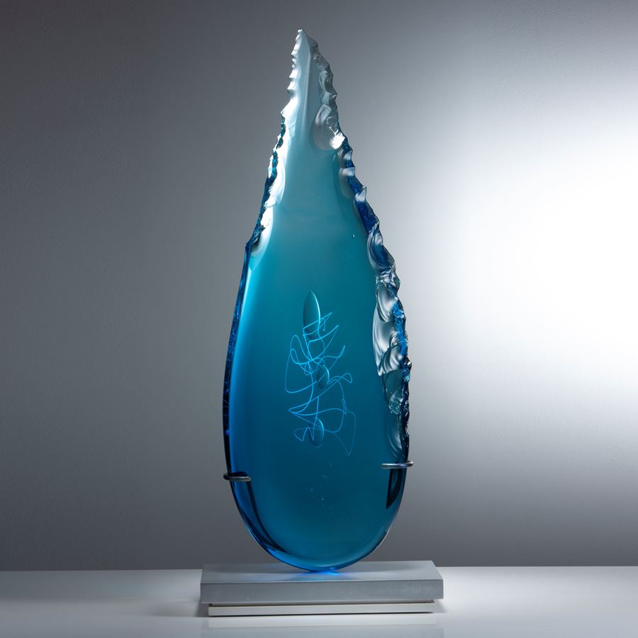 electric blue art glass sculpture in leaf shape