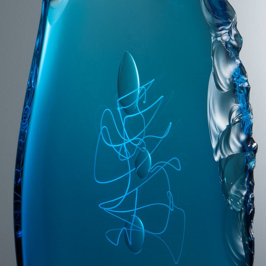 electric blue art glass sculpture in leaf shape
