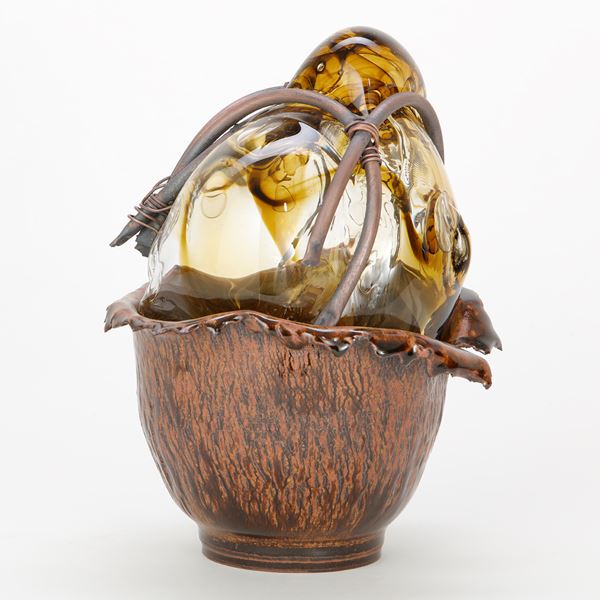 fruit basket art glass sculpture in copper wire and gold