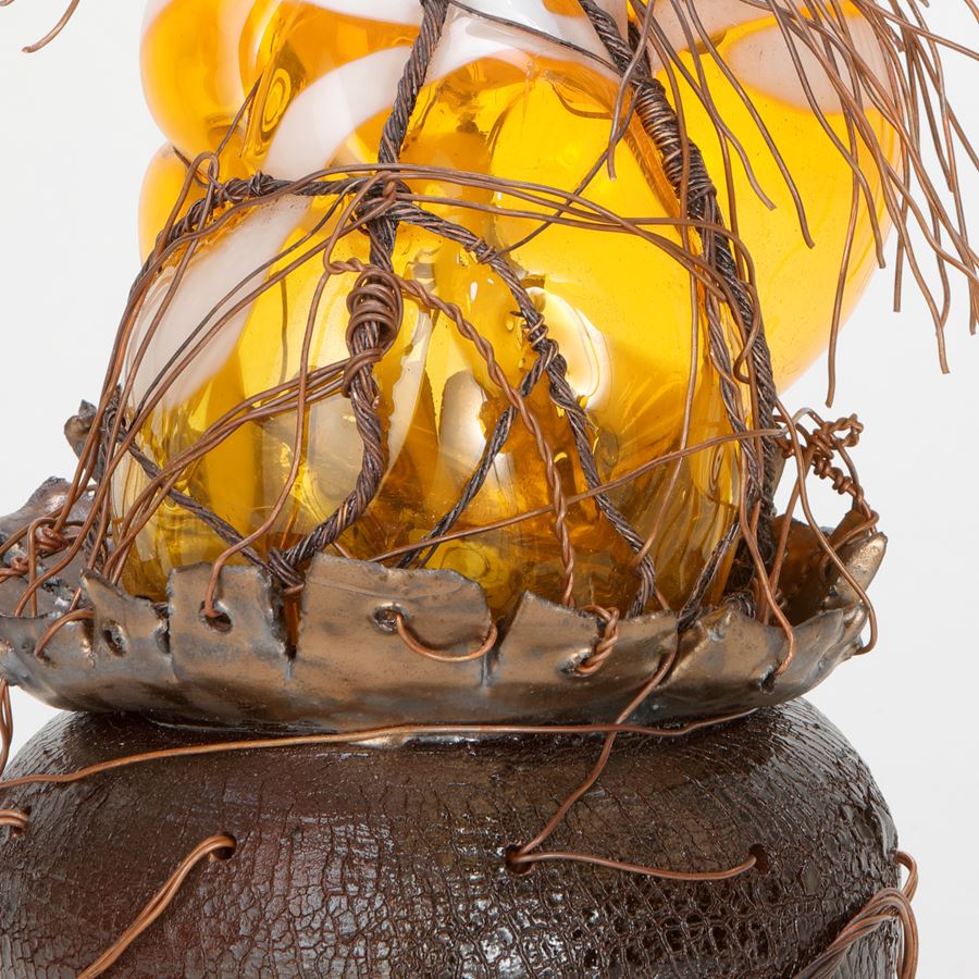 Handblown sculpted glass artwork with terracotta and copper wire