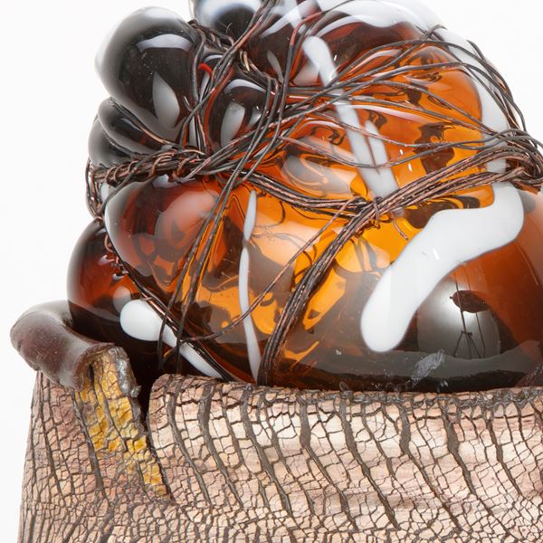 art-glass mixed media ornament in terracotta and copper