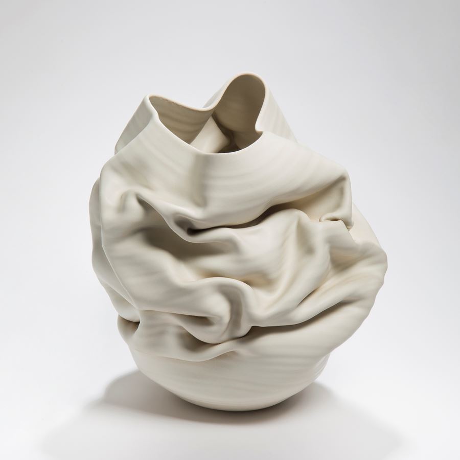 crumpled white clay stoneware vase sculpture