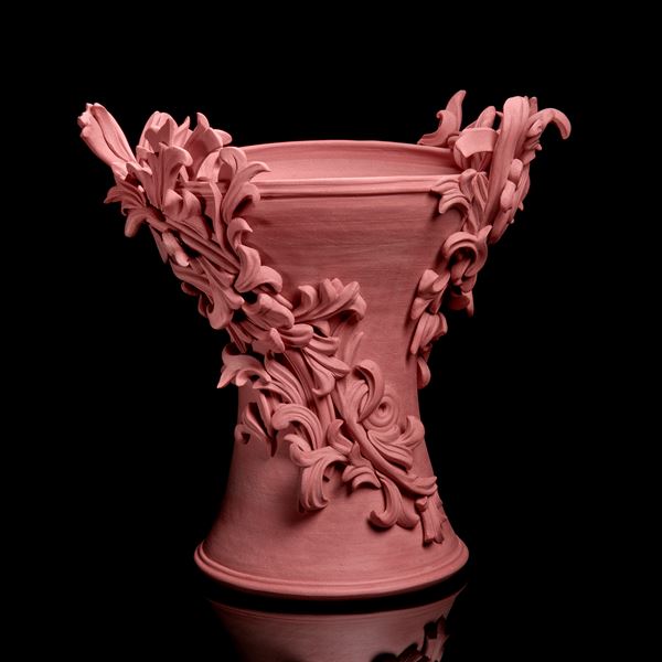 ornate plaster ceiling inspired sculpture in pink clay coloured stoneware 