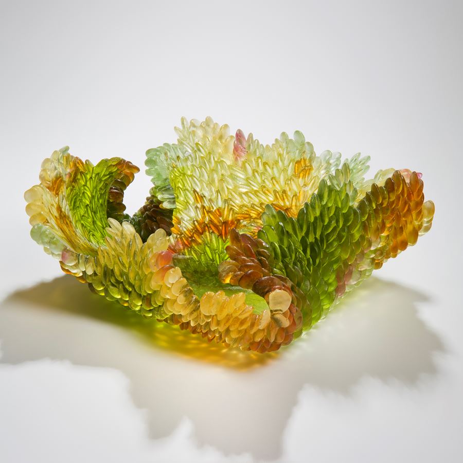 contemporary art-glass sculpture of leaf in autumnal colours