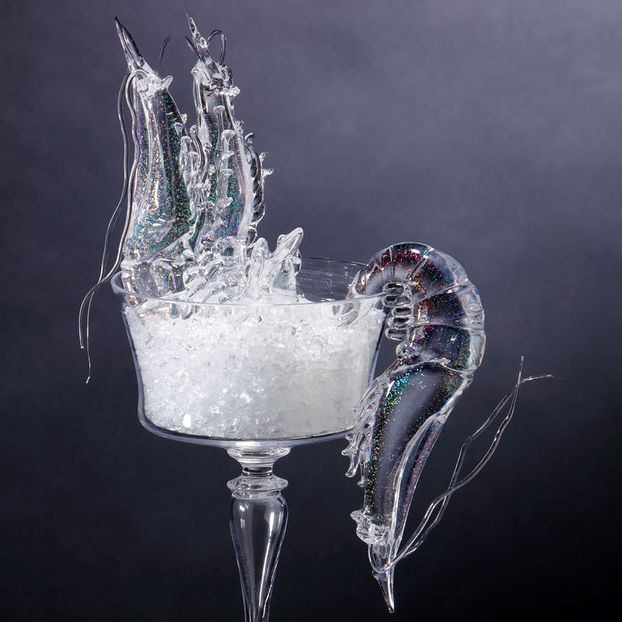 handblown and sculpted modern art glasswork of shrimp cocktail 