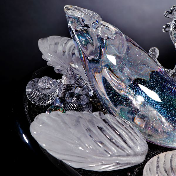 contemporary art glass blue and crystal handblown glass sculpture with fish and molluscs with wood and concrete base