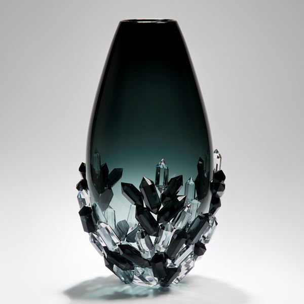 dark blue grey and clear handblown sculpted glass vase ornament with crystal detail