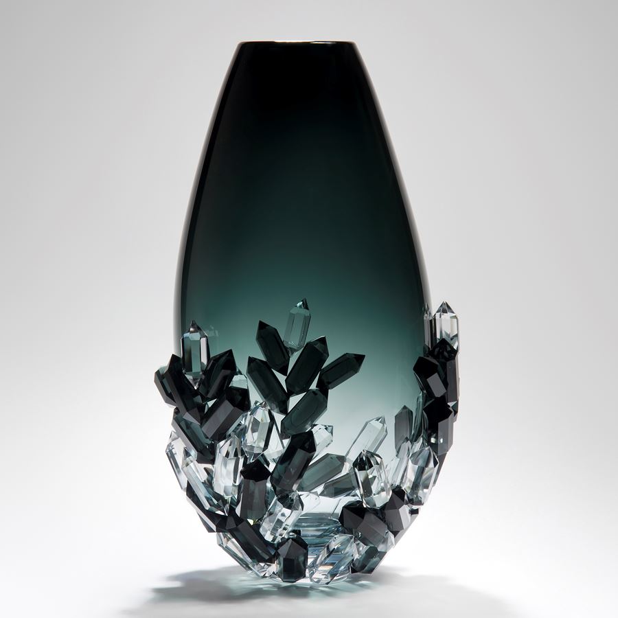 dark blue grey and clear handblown sculpted glass vase ornament with crystal detail