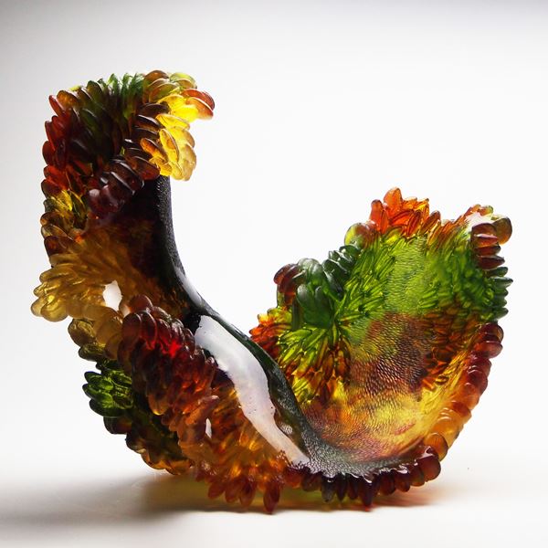 red, green and amber contemporary textured organic art-glass sculpture made from cast and sculpted glass
