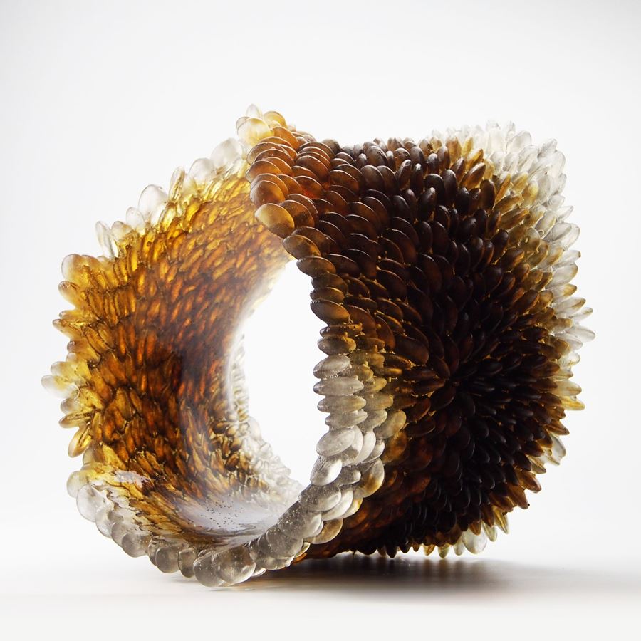 amber and brown contemporary textured organic art-glass sculpture made from cast and sculpted glass