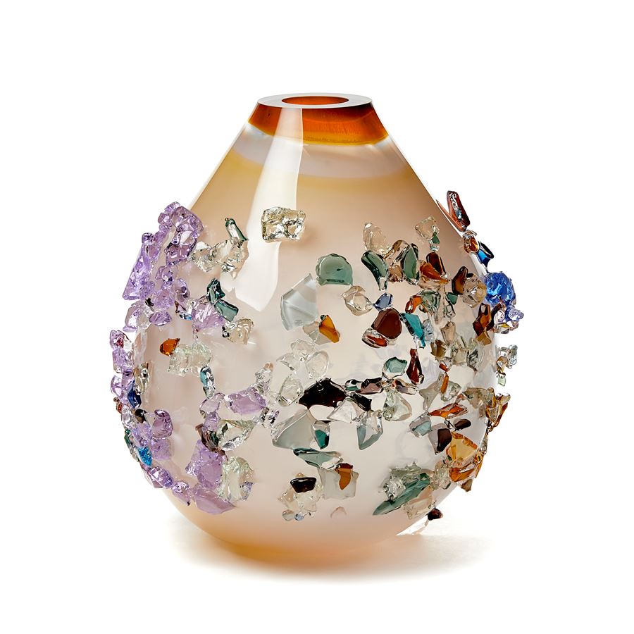 amber white and multicoloured contemporary textured art-glass sculptural vessel made from handblown glass