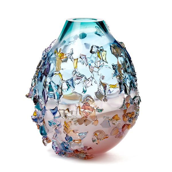 pink turquoise and multicoloured contemporary textured art-glass sculptural vessel made from handblown glass