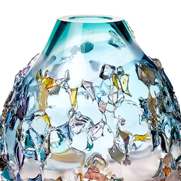 pink turquoise and multicoloured contemporary textured art-glass sculptural vessel made from handblown glass