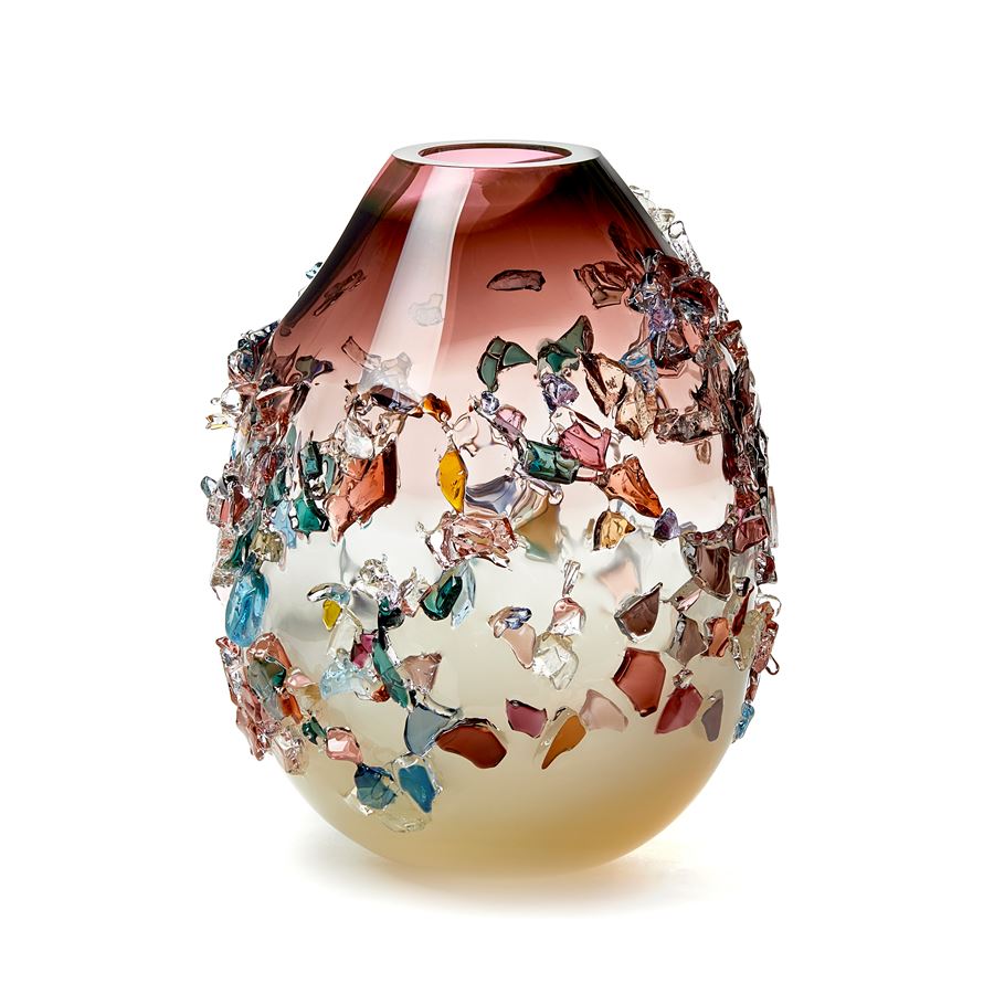 pink cream and multicoloured contemporary textured art-glass sculptural vessel made from handblown glass