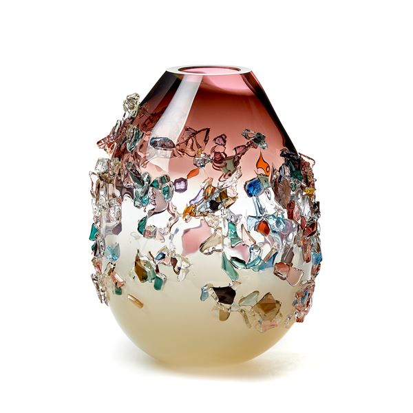 pink cream and multicoloured contemporary textured art-glass sculptural vessel made from handblown glass